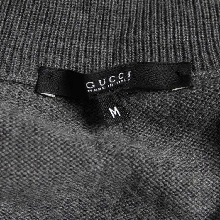 Pre Owned Gucci Grey Wool Web Stripe Detail Zip Front Sweater M  