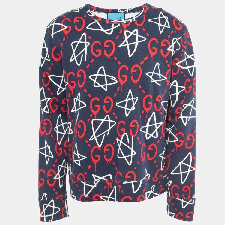 Pre Owned Gucci Navy Blue Ghost Print Cotton Crew Neck Sweatshirt XL