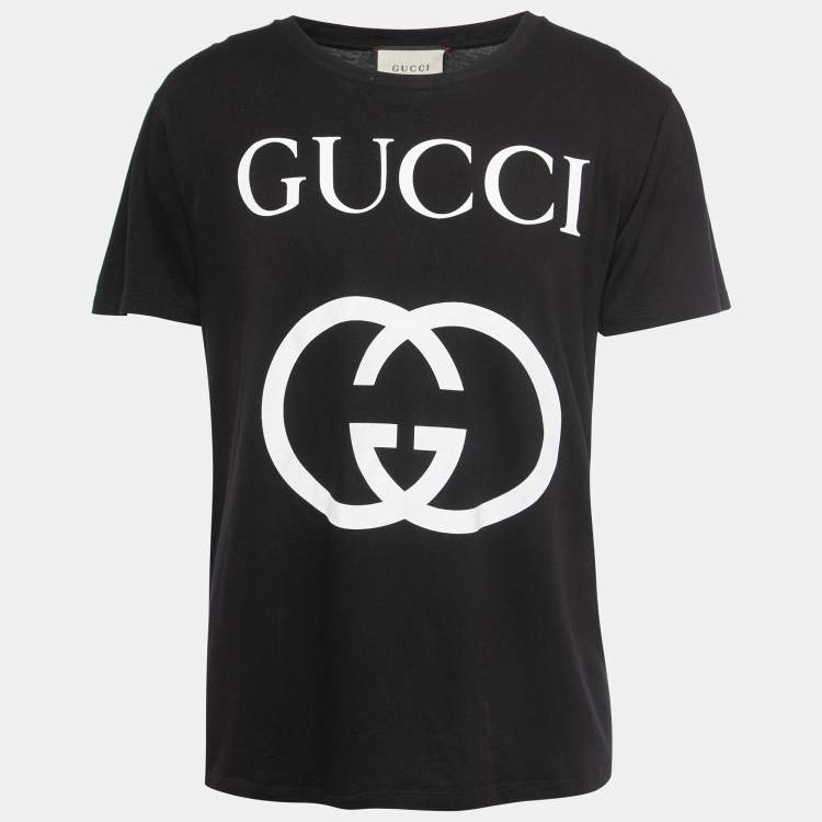 Gucci Black Logo Print Cotton Crew Neck T Shirt M Gucci TLC