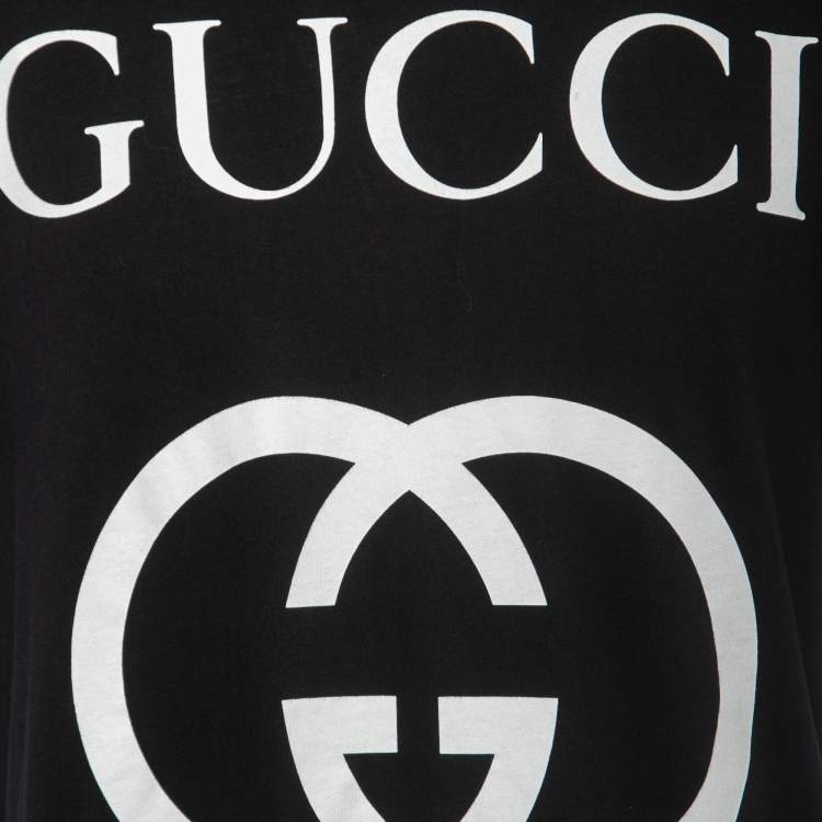 Pre Owned Gucci Black Logo Print Cotton Crew Neck T-Shirt M