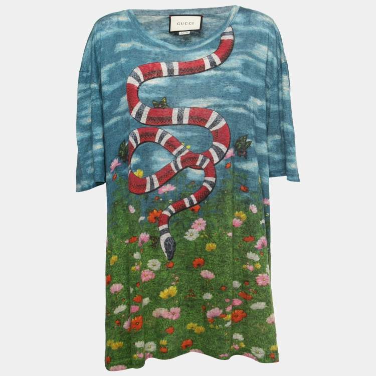 fabrik slim krysantemum Gucci Multicolor Snake Garden Printed Linen Knit T-Shirt 2XL Gucci | TLC