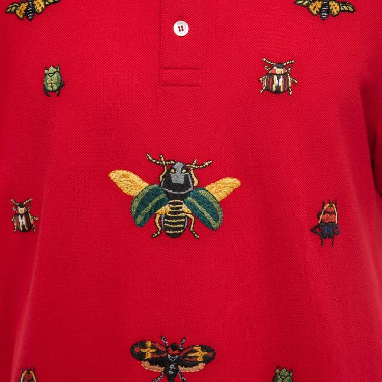 Pre Owned Gucci Red Cotton Pique Insects Embroidered Polo T-Shirt 3XL