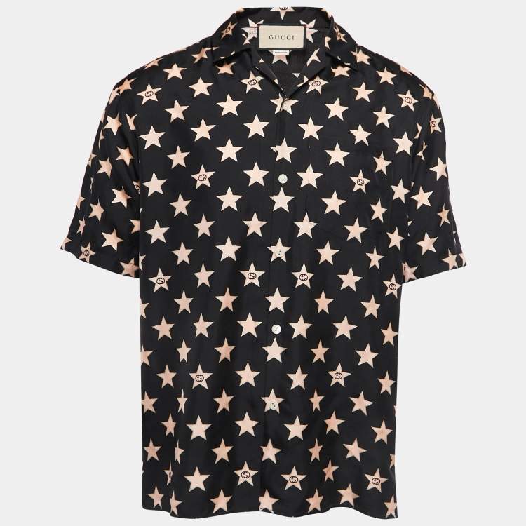 Pre Owned Gucci Black Star Printed Silk Short Sleeve Shirt M