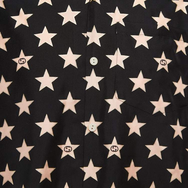Pre Owned Gucci Black Star Printed Silk Short Sleeve Shirt M