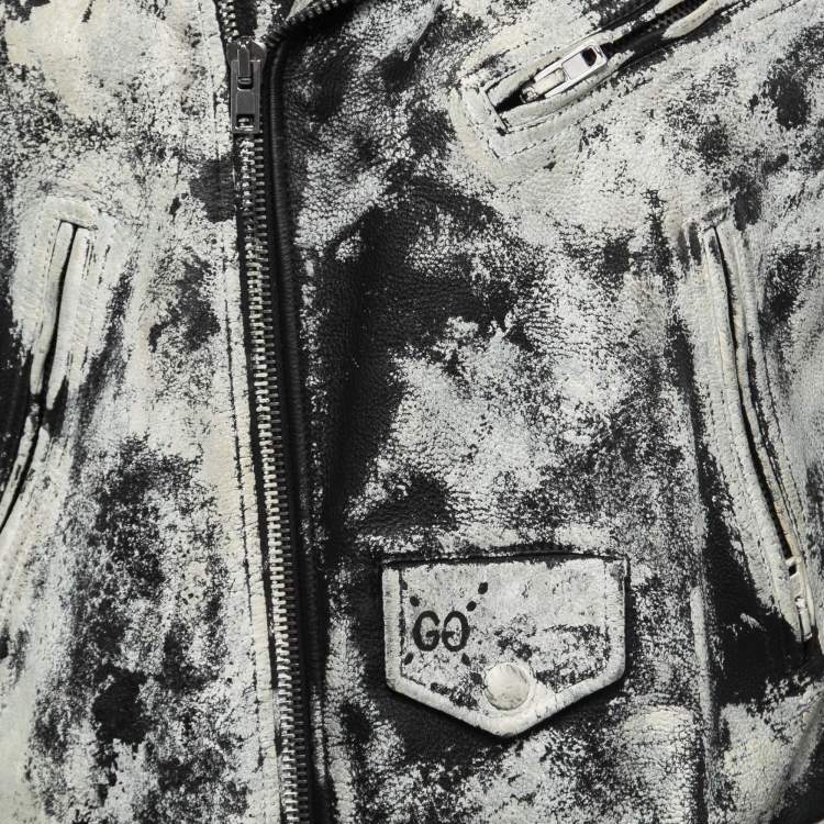 Pre Owned Gucci White/Black Hand Painted Leather Patch Detail Biker Jacket M