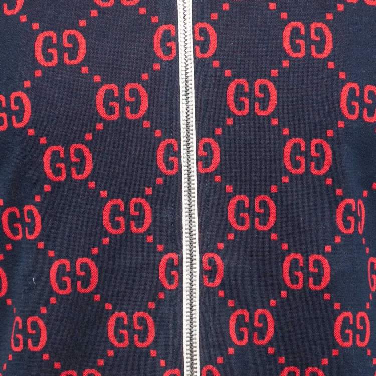 Pre Owned Gucci Navy Blue GG Jacquard Cotton Knit Zip Front Jacket M