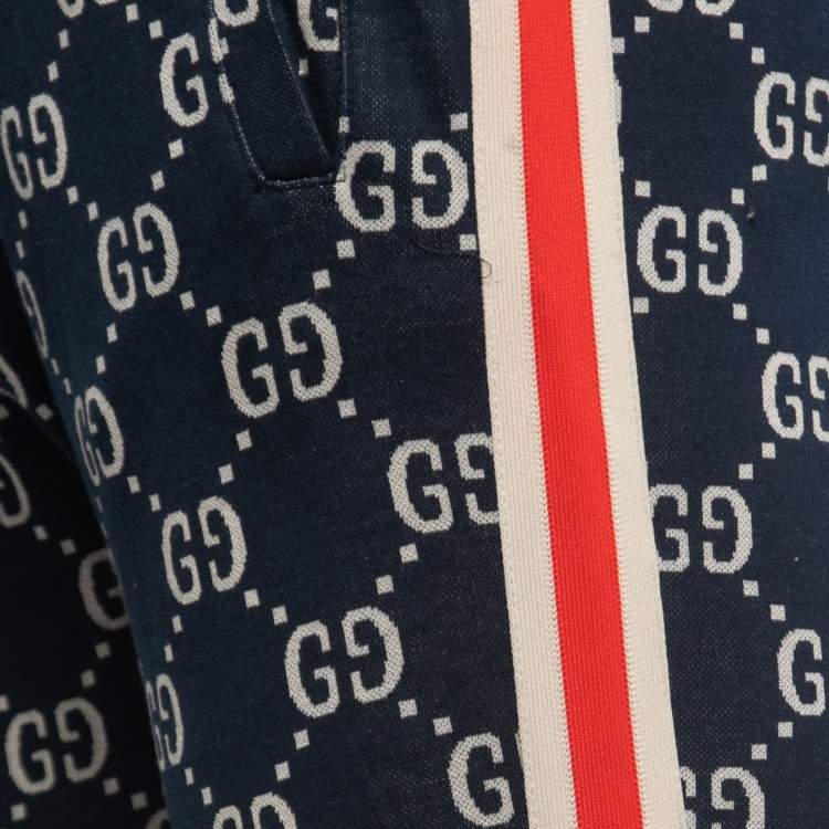 Pre Owned Gucci Navy Blue Logo Jacquard Side Stripe Detail Joggers S