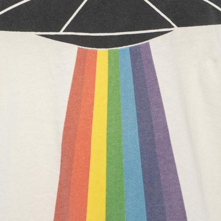 Pre Owned Gucci Cream Ufo Rainbow Print Cotton Distressed Crew Neck Half Sleeve T-Shirt L