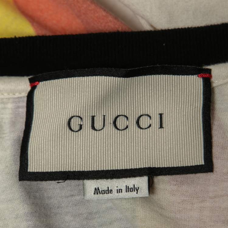 Pre Owned Gucci Cream Ufo Rainbow Print Cotton Distressed Crew Neck Half Sleeve T-Shirt L