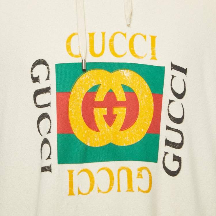 Pre Owned Gucci Cream Logo Print Cotton Hoodie L