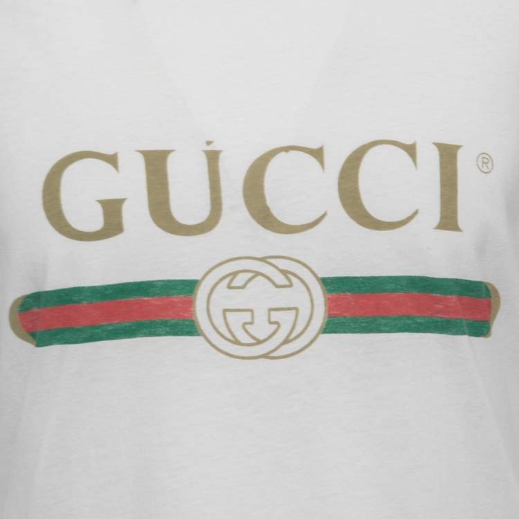 Pre Owned Gucci White Washed Logo Print Cotton Half Sleeve Relaxed Fit T-Shirt L