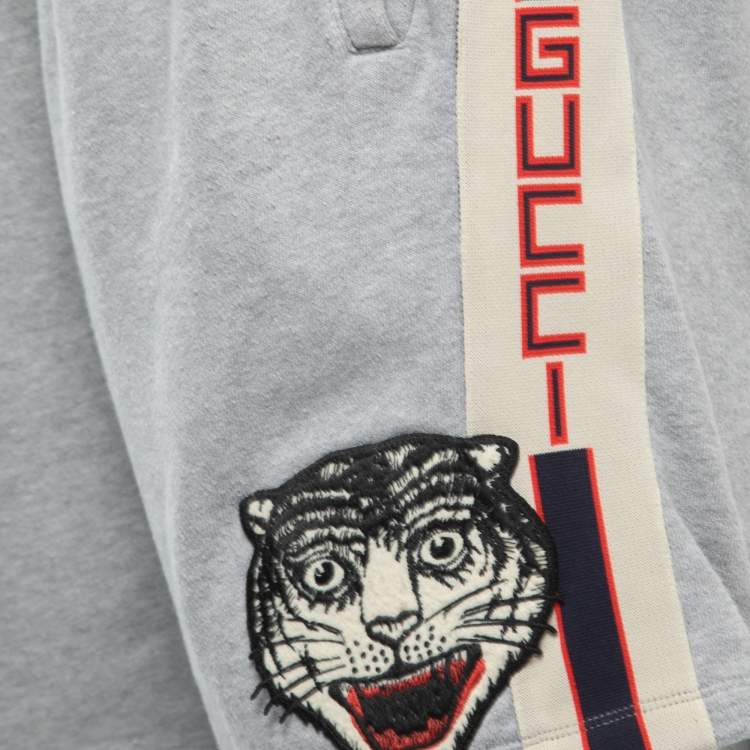 Pre Owned Gucci Grey Cotton Tiger Patch Detailed Drawstring Shorts L