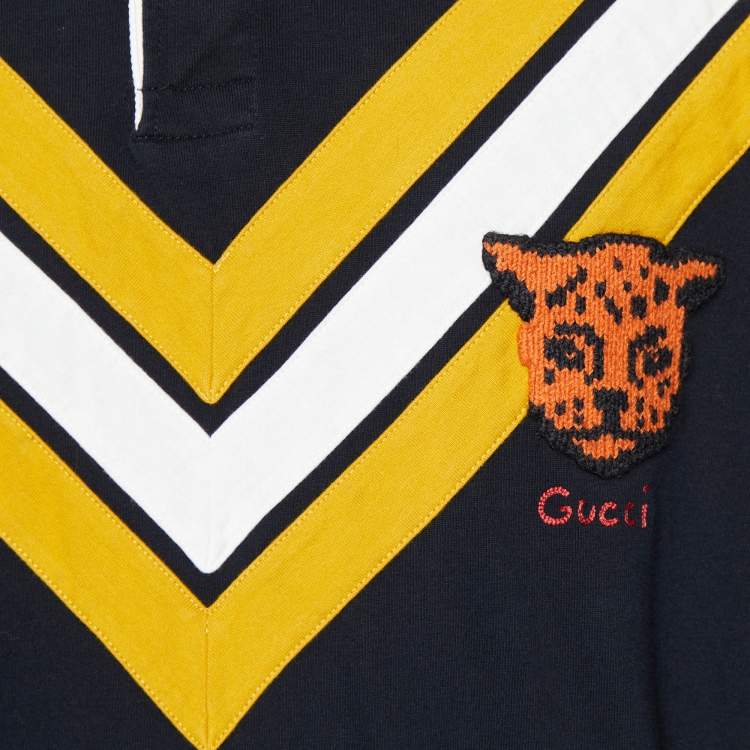 Pre Owned Gucci Black Chevron & Leopard Appliqued Cotton Polo T-Shirt M
