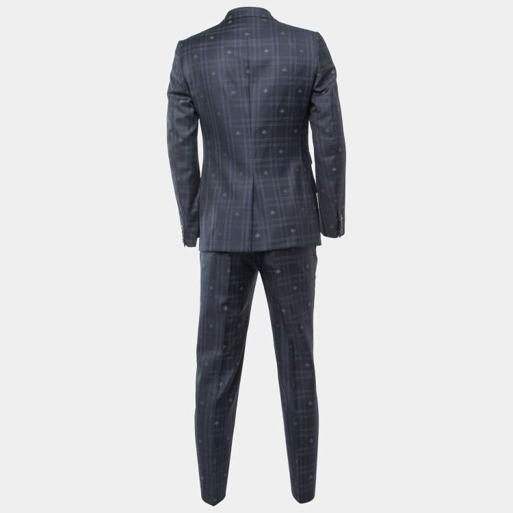Pre Owned Gucci Navy Blue Bee Patterned Plaid Wool Suit M