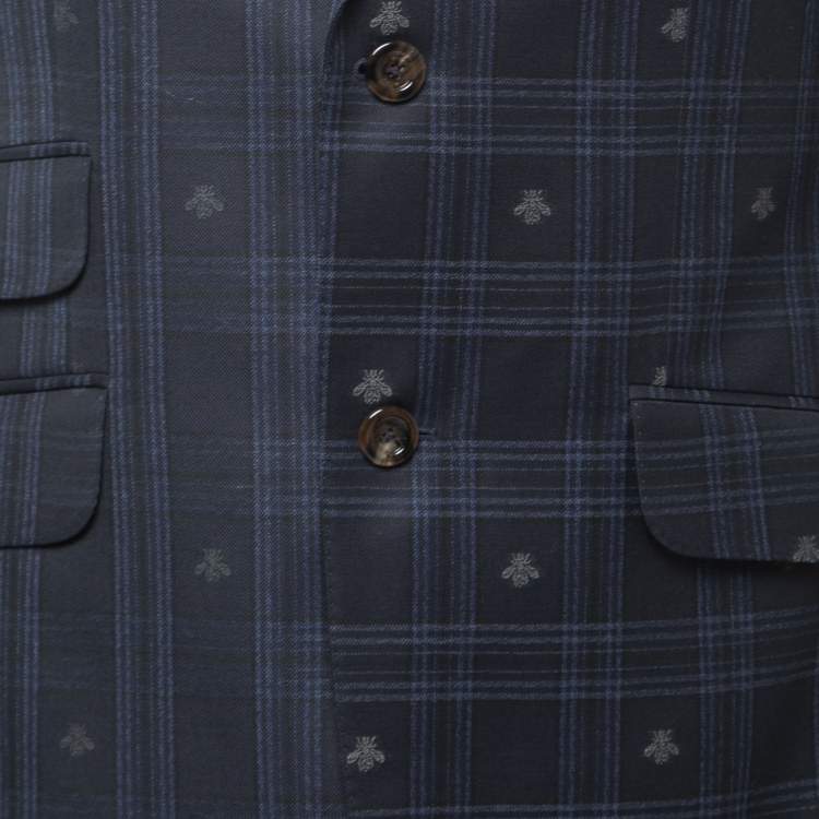Pre Owned Gucci Navy Blue Bee Patterned Plaid Wool Suit M