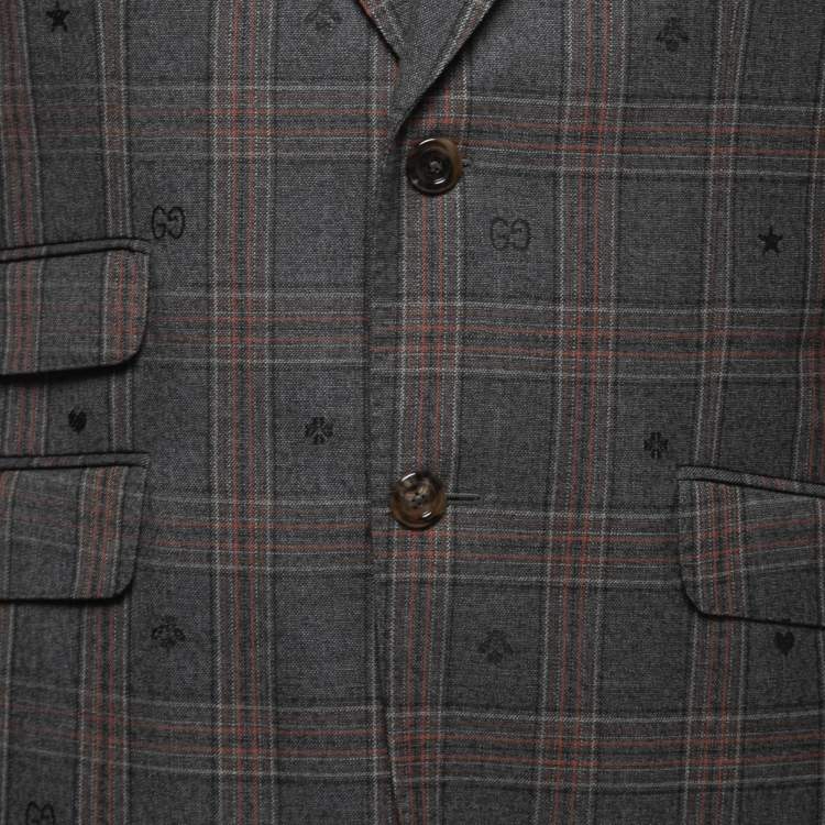 Pre Owned Gucci Grey Hearts Bee Patterned Classic Check Tailored Suit M