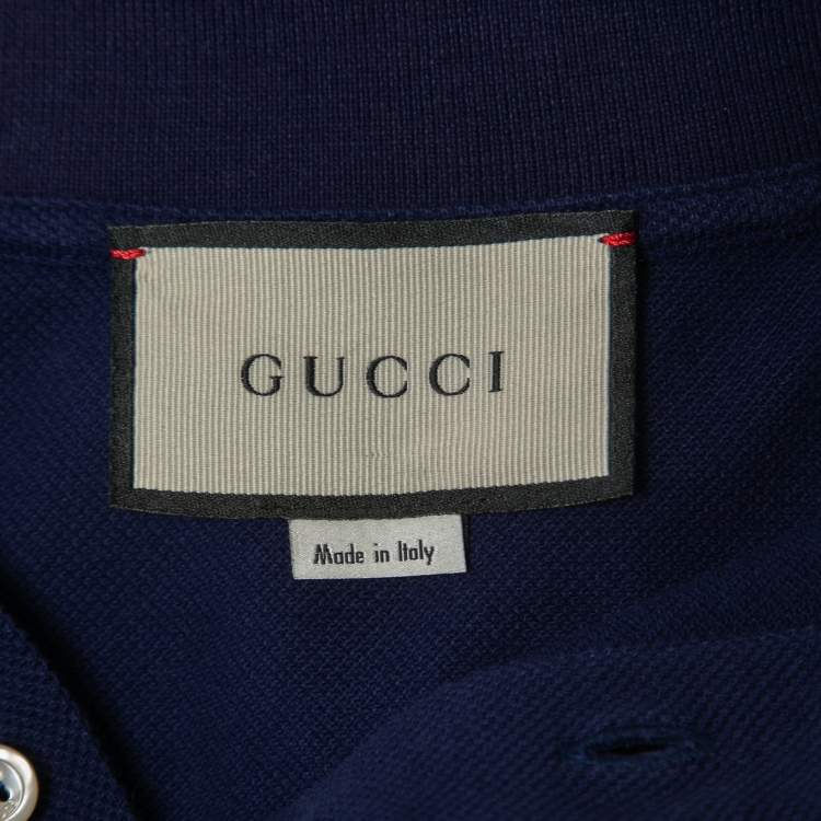 Pre Owned Gucci Navy Blue Cat Logo Embroidered Cotton Pique Polo T-Shirt L
