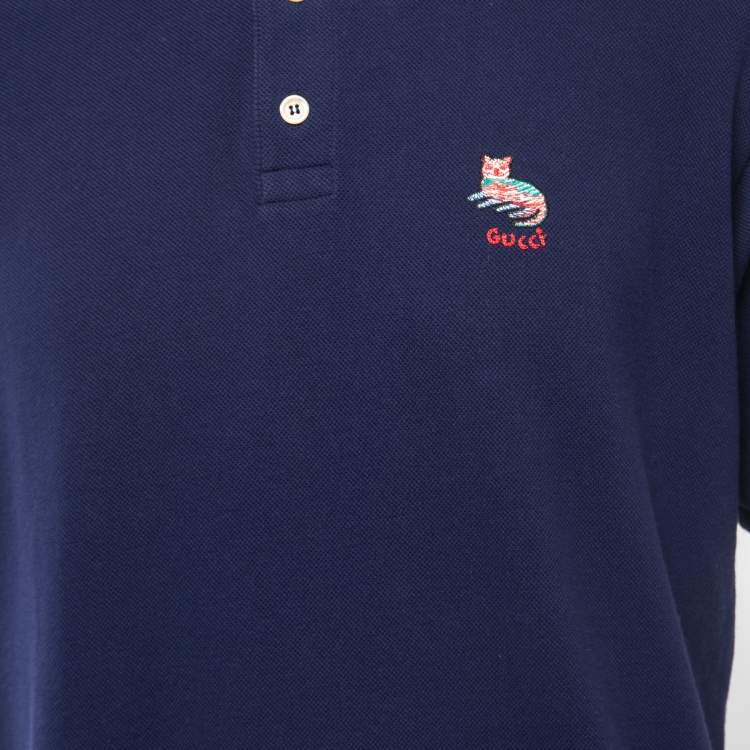 Pre Owned Gucci Navy Blue Cat Logo Embroidered Cotton Pique Polo T-Shirt L