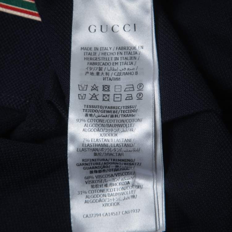 Pre Owned Gucci Navy Blue Logo Embroidered Cotton Pique Web Detailed Button Front Polo T-Shirt M
