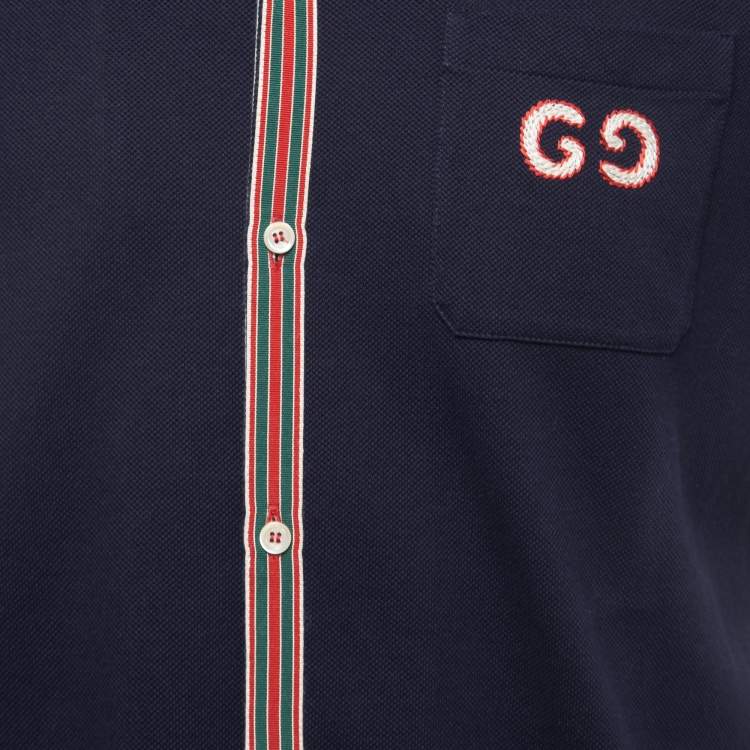 Pre Owned Gucci Navy Blue Logo Embroidered Cotton Pique Web Detailed Button Front Polo T-Shirt M