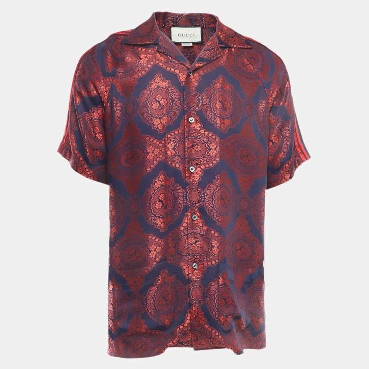 Pre Owned Gucci Red Jacquard Stripe Detailed Button Front Half Sleeve Shirt S
