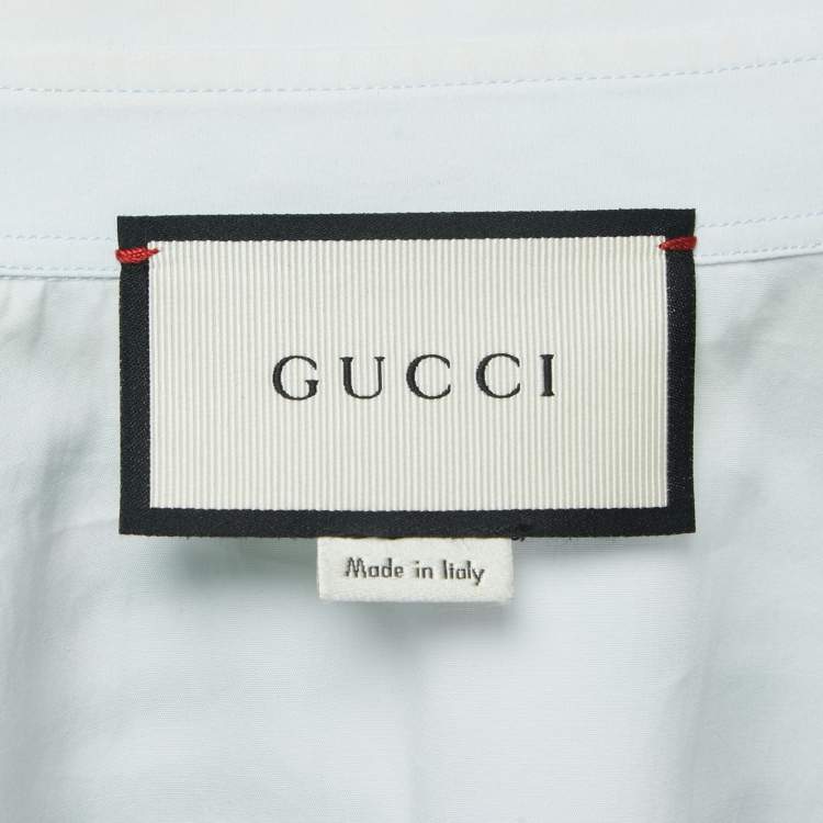 Pre Owned Gucci Light Blue Cotton Tiger Print Silk Insert Button Front Half Sleeve Shirt L