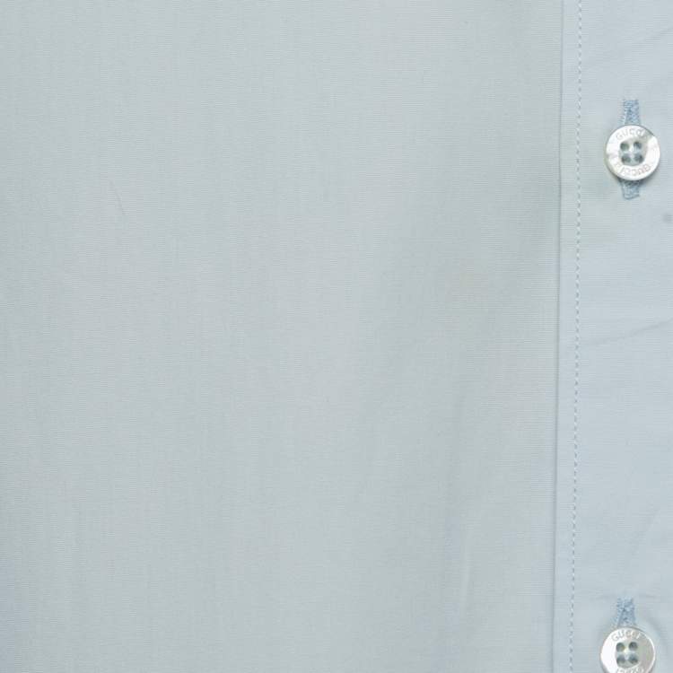 Pre Owned Gucci Light Blue Cotton Tiger Print Silk Insert Button Front Half Sleeve Shirt L