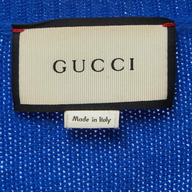 Pre Owned Gucci Blue Bee Accent Graphic Patterned Wool Crew Neck Sweater L
