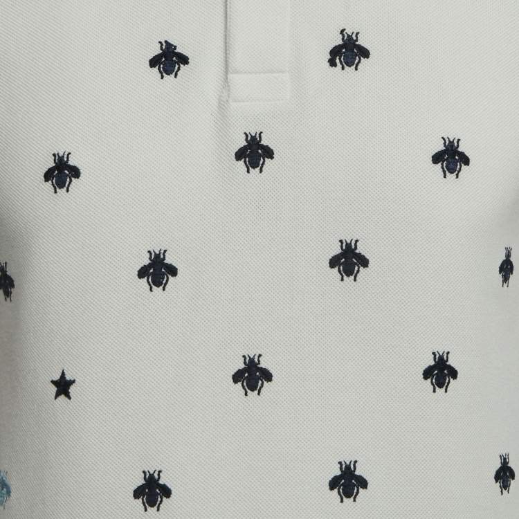 Pre Owned Gucci White Bee Embroidered Cotton Pique Polo T-Shirt M