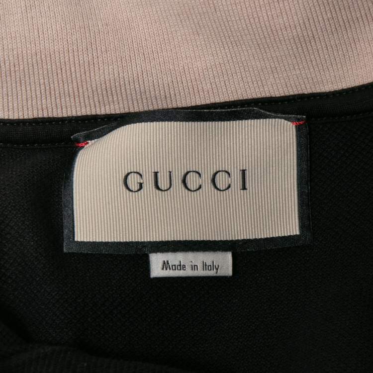 Pre Owned Gucci Black Cotton Pique Logo Stripe Detailed Polo T-Shirt M