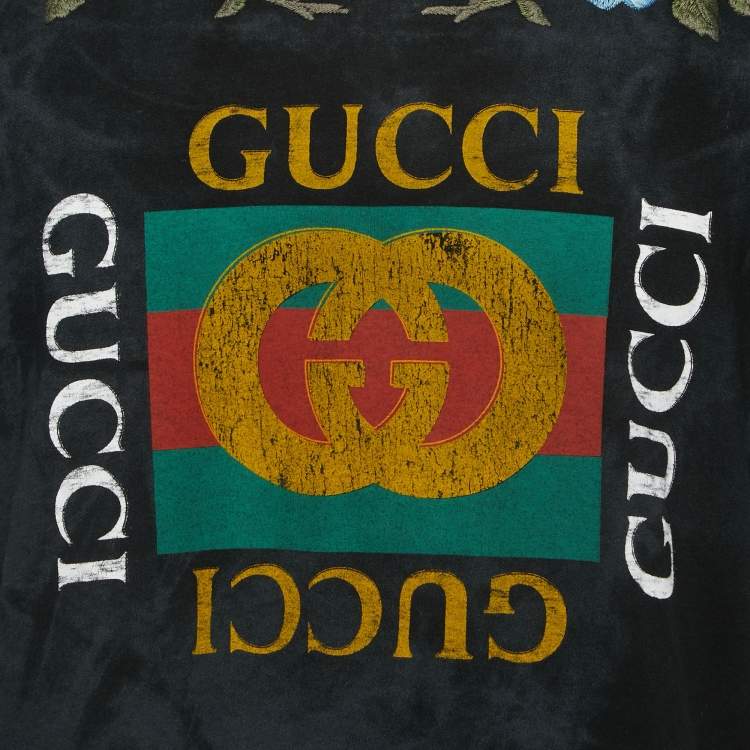 Pre Owned Gucci Black Flower Embroidered Print Distressed Cotton Crew neck Half Sleeve T-Shirt M