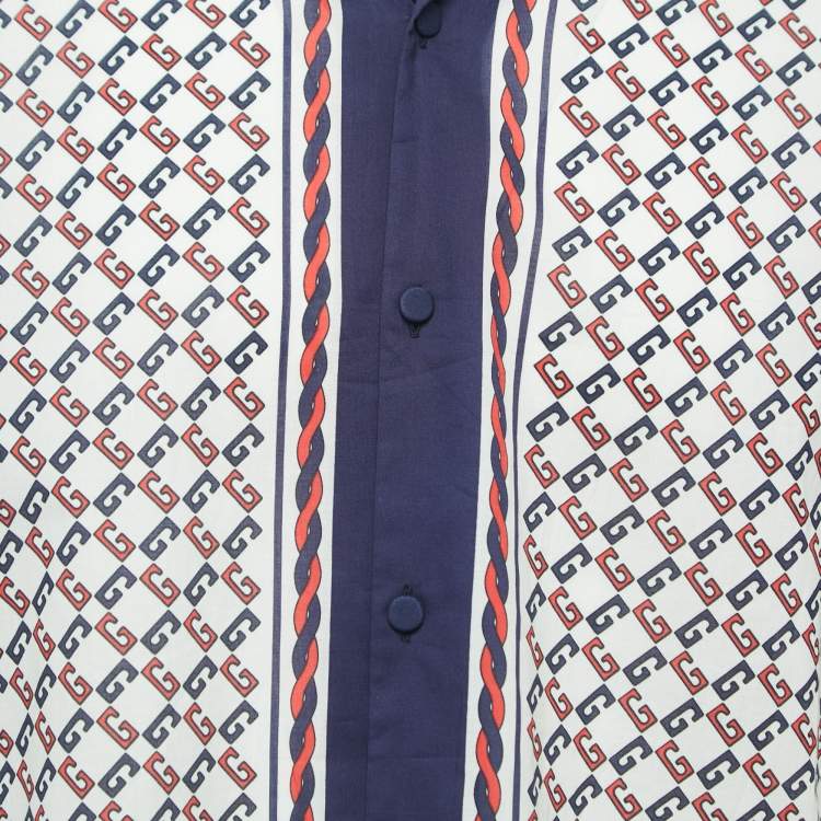 Pre Owned Gucci Cream Geometric G Print Cotton Muslin Bowling Shirt M