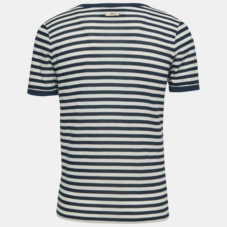 Pre Owned Gucci X Disney Navy Blue Striped Cotton Embroidered Patch Half Sleeve T-Shirt L