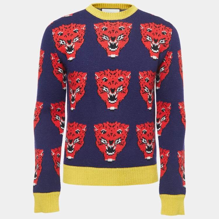 Gucci Blue/Red Tiger Patterned Wool Sweater XS Gucci | The Luxury Closet