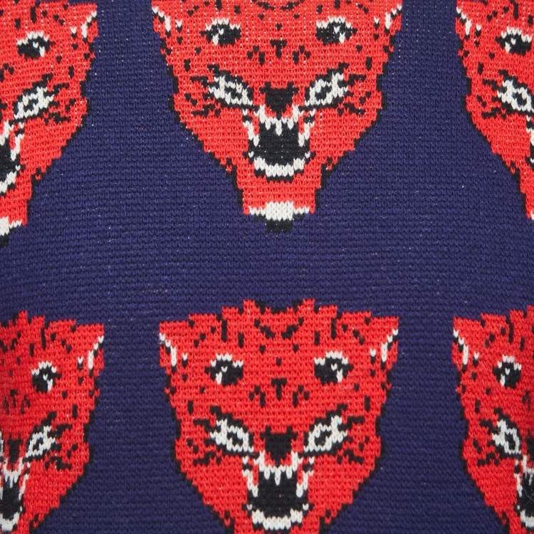 Pre Owned Gucci Blue/Red Tiger Patterned Wool Sweater XS