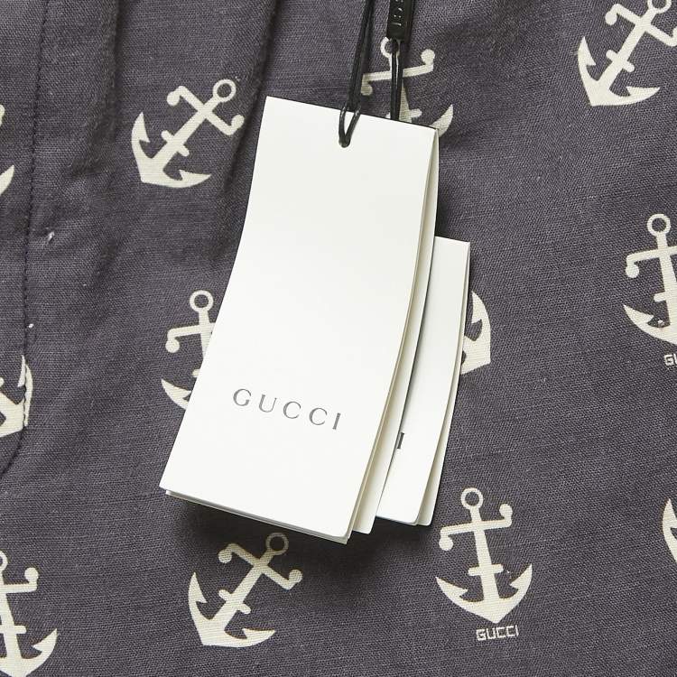 Pre Owned Gucci Dark Grey Anchor Print Linen Blend Drawstring Shorts M