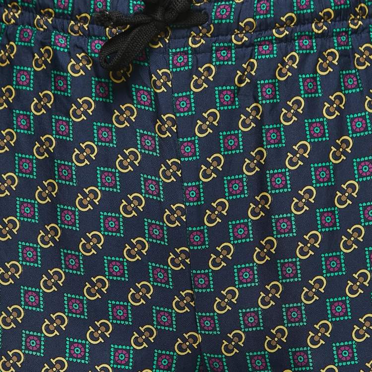 Pre Owned Gucci Multicolor Print Cotton Velvet Trimmed Drawstring Joggers XS