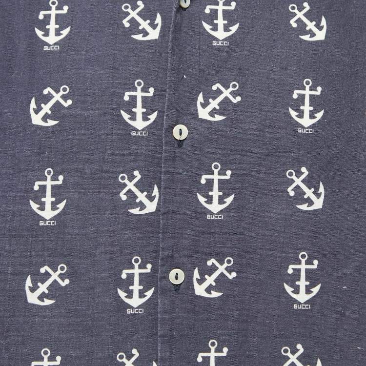Pre Owned Gucci Black Anchor Print Linen Blend Oversized Bowling Shirt M