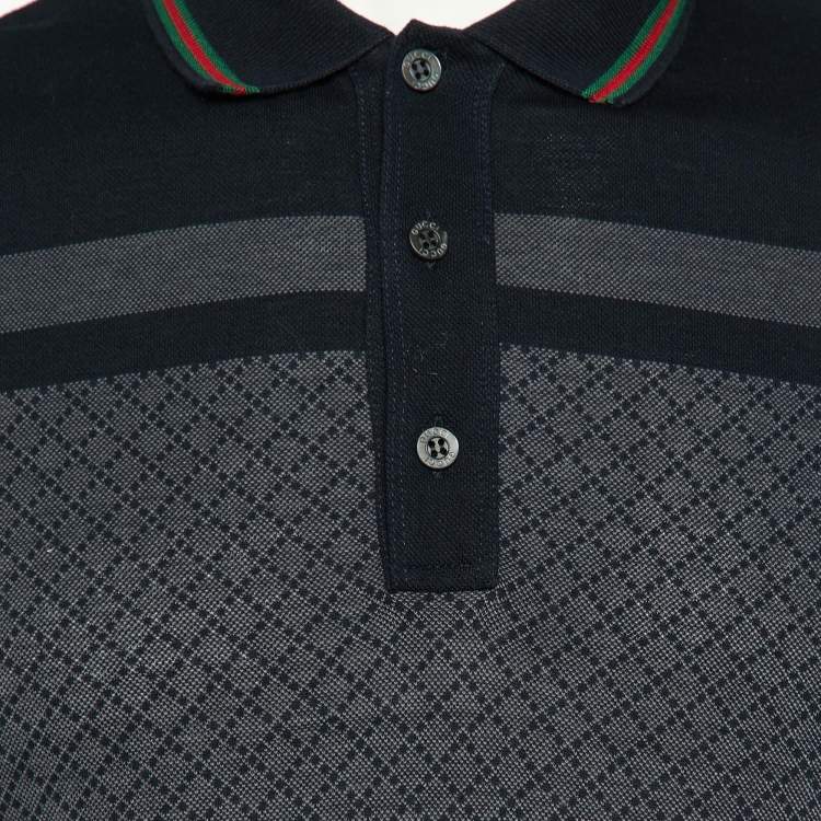 مملوكة مسبقًا Gucci Navy Blue Patterned Cotton Pique Knit Polo T-Shirt M