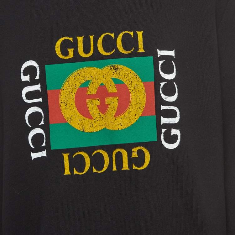 Pre Owned Gucci Black Cotton Logo Printed Sweatshirt 2XL