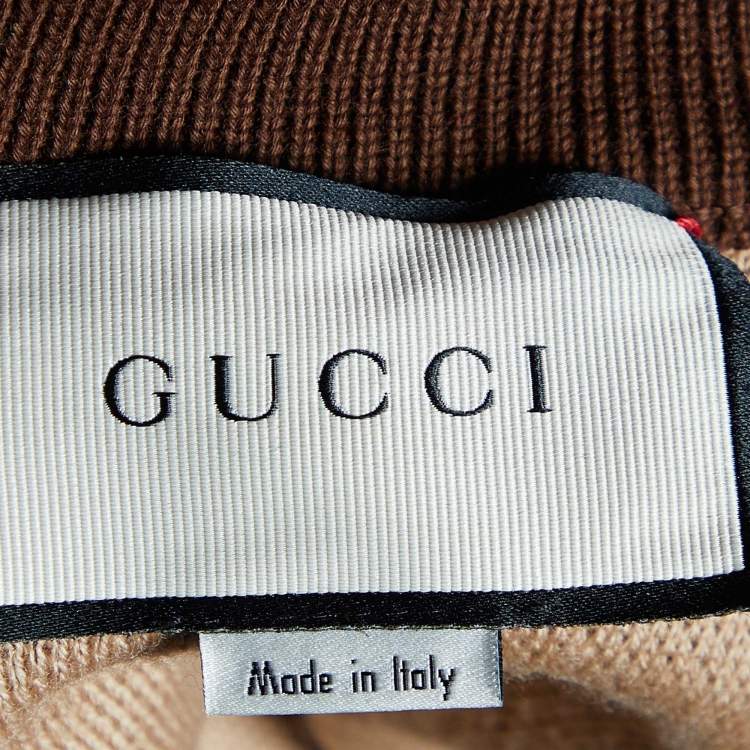 Pre Owned Gucci Brown GG Jacquard Wool Knit Bomber Jacket S
