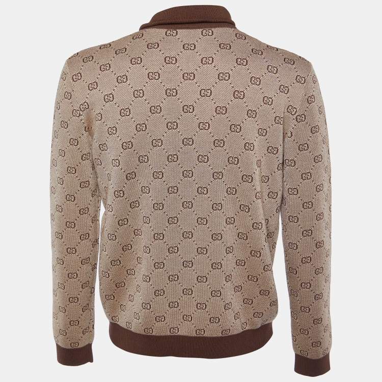 Pre Owned Gucci Brown GG Jacquard Wool Knit Bomber Jacket S