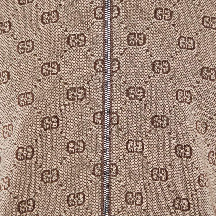 Pre Owned Gucci Brown GG Jacquard Wool Knit Bomber Jacket S