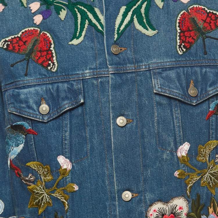 Pre Owned Gucci Blue Floral Embroidered Denim Jacket L