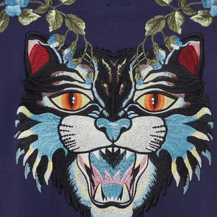 Pre Owned Gucci Blue Embroidered Cotton Crewneck Sweatshirt XS