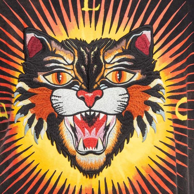 Pre Owned Gucci Brown Tiger Motif Applique Cotton Crew Neck T-Shirt XS