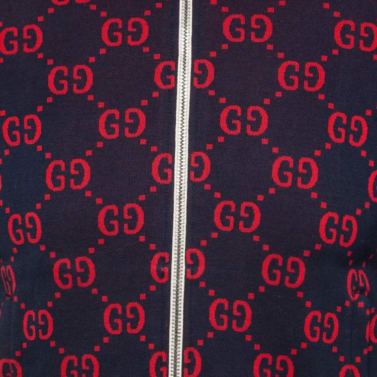 Pre Owned Gucci Navy Blue GG Jacquard Cotton Knit Zip Front Jacket XS