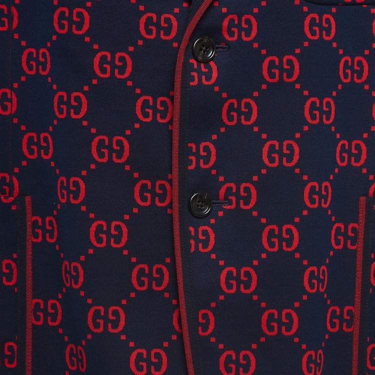 Pre Owned Gucci Navy Blue/Red Jacquard Knit Blazer 3XL
