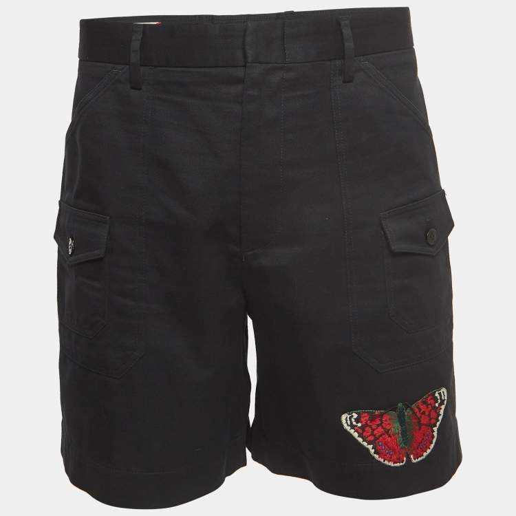 Pre Owned Gucci Black Butterfly Embroidered Cotton Cargo Short XL