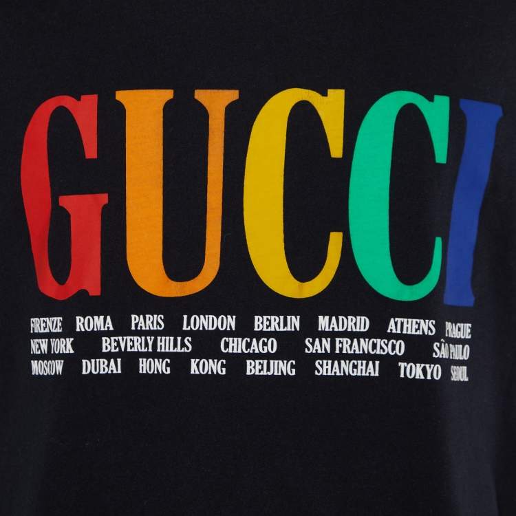 Pre Owned Gucci Black Cities Print Cotton Crew Neck T-Shirt M